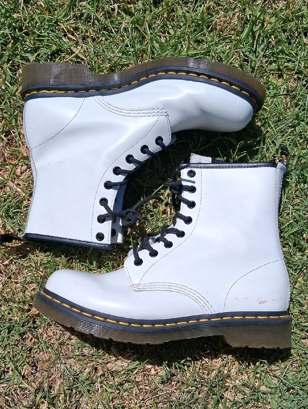 Dr. Martens White Leather 8-Eye Lace-Up Boots with Yellow Stitching